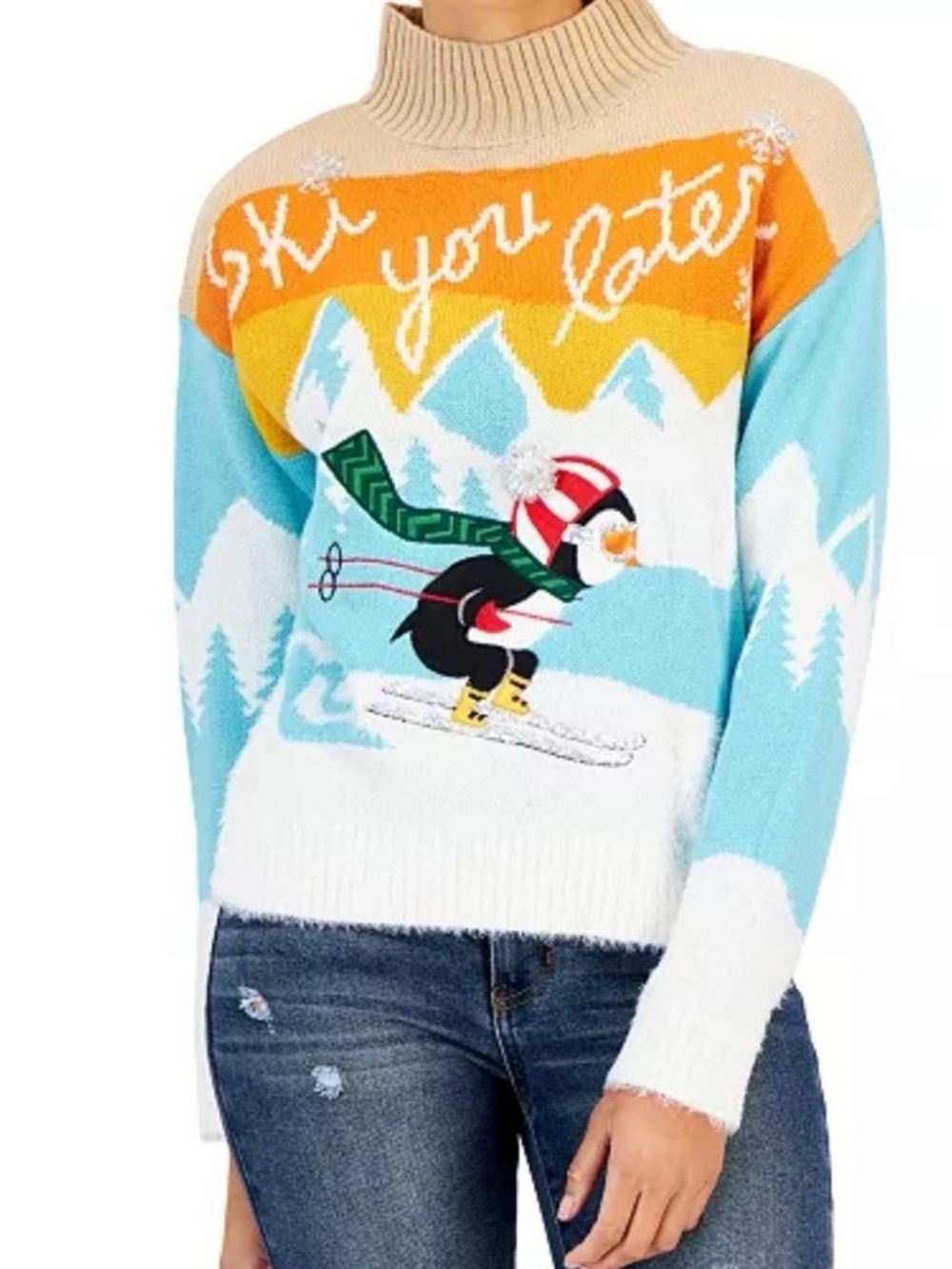 Major Major Small Multi Color Ribbed Mock Neck Ski You Later Penguin Sweater